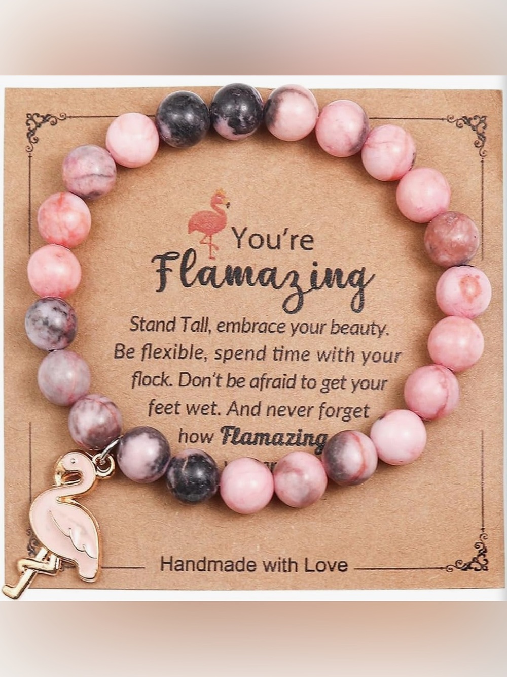 ❤️ Flamingo Lover Bracelet Jewelry Pink Stone Beaded Charm Bracelet Gift